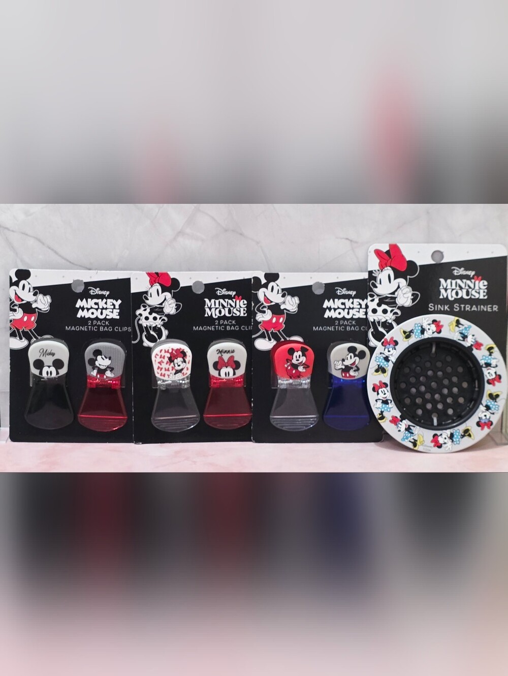Disney Mickey & Minnie Mouse 6 Piece Magnetic Bag Clips Set and Sink Strainer